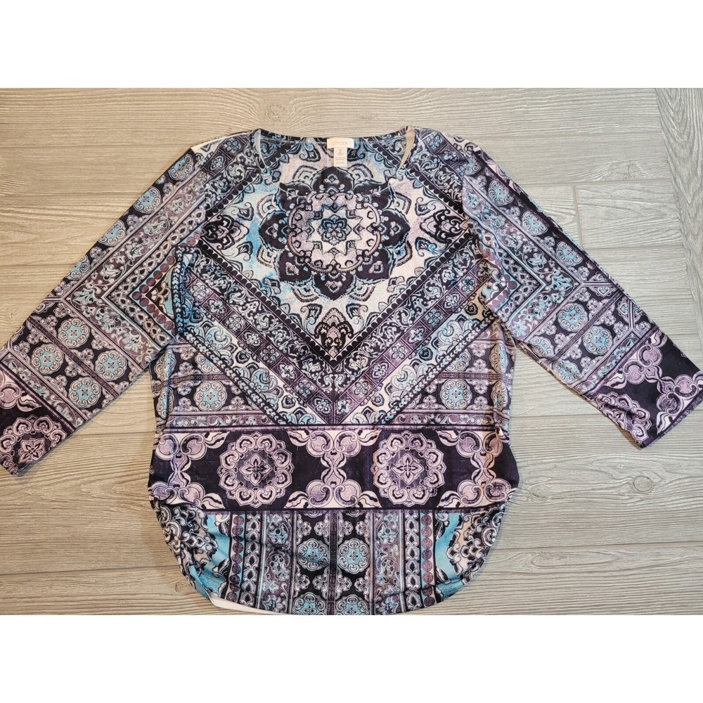 Chicos Medallion Print Rhinestone Draped Tulip Hem Top Purple Blue Size 2 Large